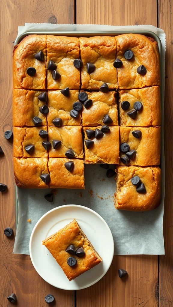 Banana Bread Blondies Recipe Freshly baked banana bread blondies cut into squares, garnished with chocolate chips on a rustic tray.